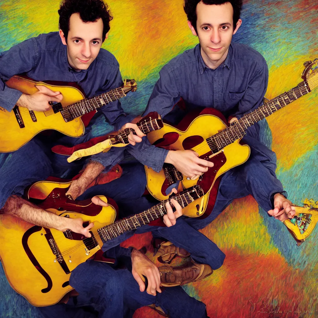 Image similar to award winning photo of julian lage playing jazz guitar, vivid colors, happy, symmetrical face, beautiful eyes, studio lighting, wide shot art by Sally Mann & Arnold Newman