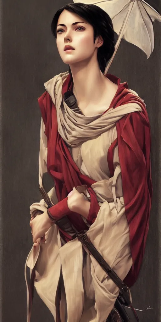 Prompt: Mikasa Ackerman, oil on canvas, ArtStation, by J. C. Leyendecker and Edmund Blair Leighton and Charlie Bowater