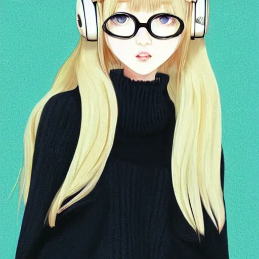 Prompt: realistic beautiful gorgeous natural cute Blackpink Lalisa Manoban blonde hair cute fur blonde cat ears, wearing virgin killer sweaters elegant outfit, wearing headphones. wearing black leather choker, wearing glack glasses, golden eyes artwork drawn full HD 4K highest quality in artstyle by professional artists WLOP, Taejune Kim, Guweiz, ArtGerm on Artstation Pixiv