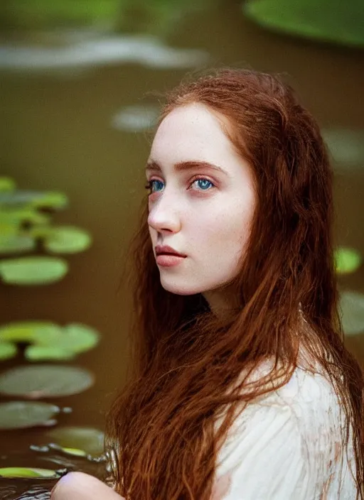 Image similar to Kodak Portra 400, 8K, soft light, volumetric lighting, highly detailed, britt marling style 3/4 ,portrait photo Close-up portrait photography of a beautiful woman how pre-Raphaelites, the face emerges from a pond surrounded by lily pads, thermal waters flowing down white travertine terraces, inspired by Ophelia paint ,and hair are intricate with highly detailed realistic beautiful flowers , Realistic, Refined, Highly Detailed, interstellar outdoor soft pastel lighting colors scheme, outdoor fine art photography, Hyper realistic, photo realistic