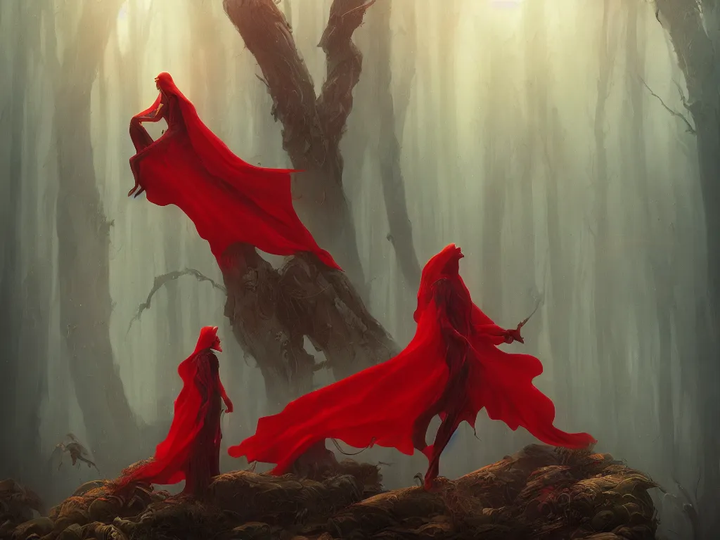 Prompt: this story has to be told in soulful pictures, forest, female rider wearing a long red cape, rays of life, cinematic, fantasy art, moody light, trending on artstation, by esao andrews, by naoto hatori, by tyler jacobson