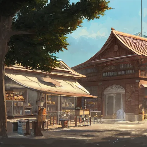 Image similar to concept art painting of a historic bakery with european and japanese architecture, surrounded by trees and mountains, realistic, detailed, cel shaded, in the style of makoto shinkai and greg rutkowski and james gurney