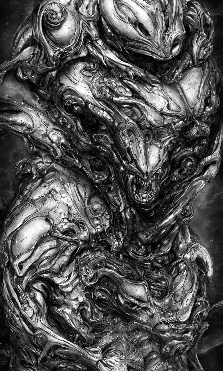 Image similar to engineer prometheus face by Artgerm, xenomorph alien, highly detailed, symmetrical long head, smooth marble surfaces, detailed ink illustration, raiden metal gear, cinematic smooth stone, deep aesthetic, concept art, post process, 4k, carved marble texture and silk cloth, latex skin, highly ornate intricate details, prometheus, evil, moody lighting, hr geiger, hayao miyazaki, indsutrial Steampunk