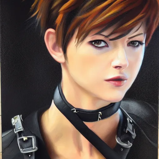 Image similar to oil painting of tracer overwatch in a field wearing very large black leather collar around neck, in style of mark arian, expressive face, very detailed face, wearing leather choker, very detailed eyes, full body, feminine face, detailed makeup on eyes,