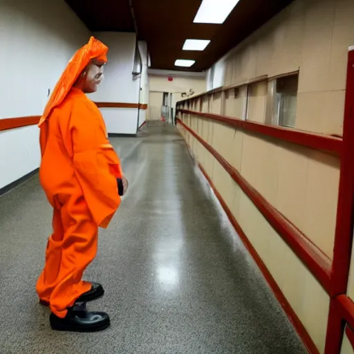 Image similar to inmate wearing horse head with orange clothes