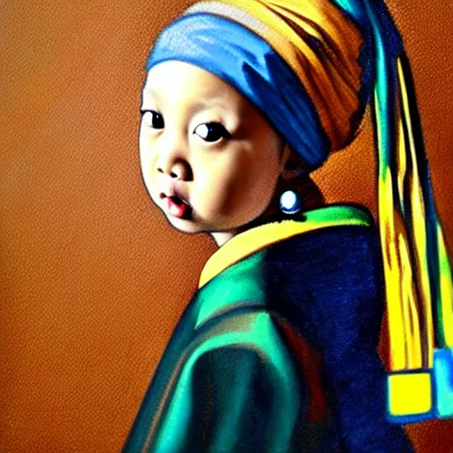 Image similar to A portrait of a lovely Asian baby girl imitating Girl with a Pearl Earring, detailed oil painting, dark background, 4k,