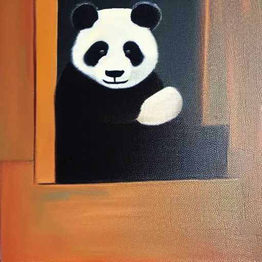 Image similar to oil painting of a sad panda that sits on a flat bench alone and sad with gym pants