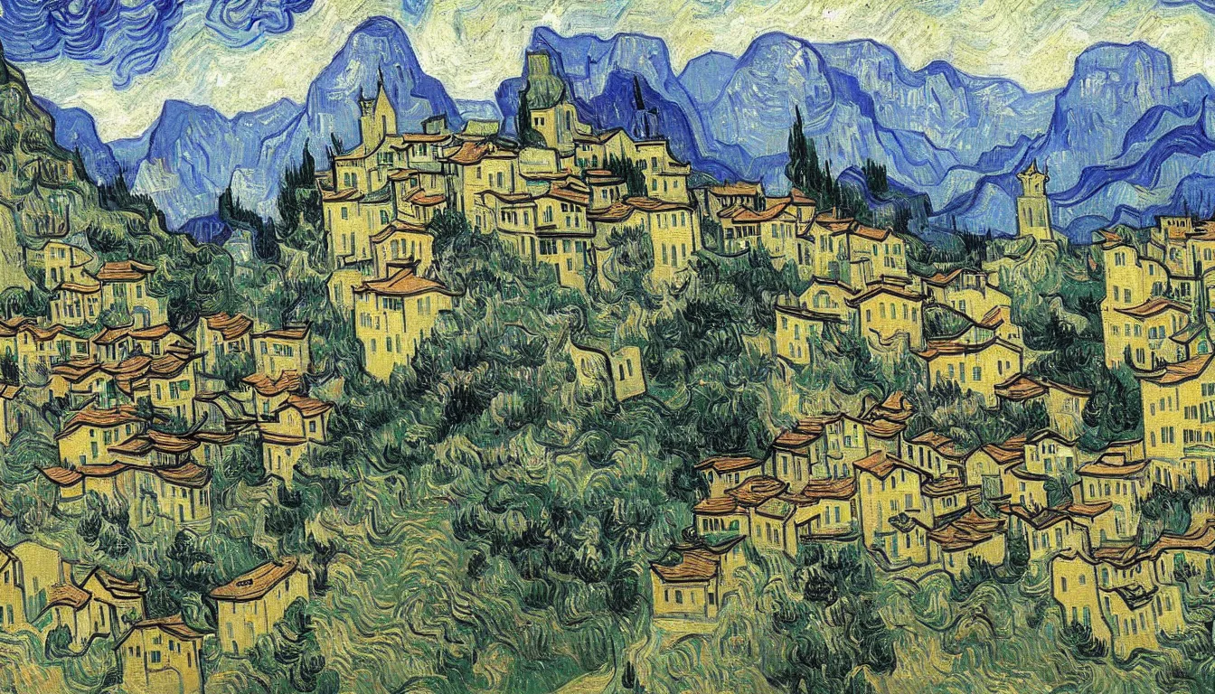 Image similar to an italian town in the dolomites mountains, by vincent van gogh
