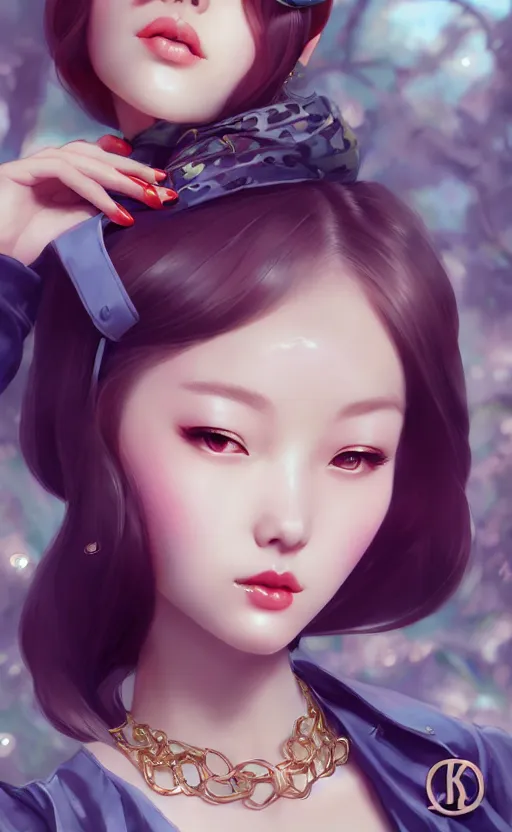 Image similar to a pin up and beautiful fashion charming dreamlke korea girl with lv jewelry, character art, art by artgerm lau and kyoung hwan kim and and ilya kuvshinov and john singer sargent, hyperdetailed, 8 k realistic, symmetrical, frostbite 3 engine, cryengine, dof, trending on artstation, digital art