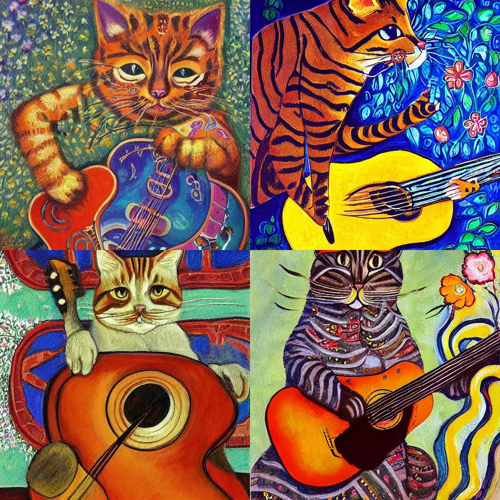 Prompt: A cat playing an acoustic guitar Beautiful artwork detailed painting by Louis Wain by Greg Rutkowsky by Lisa Keene