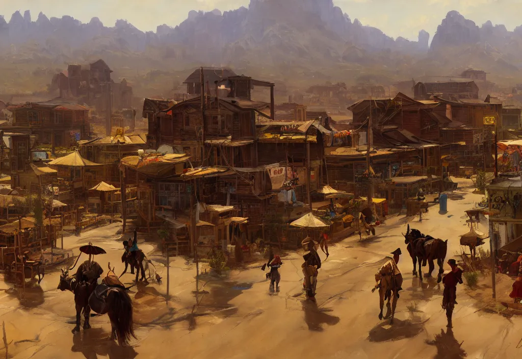 Image similar to greg manchess painting of a wild west town landscape with no person nor horse in the painting only buildings in the year 1 8 5 0, on a rainy day, painting, trending on artstation, by huang guangjian and gil elvgren and sachin teng