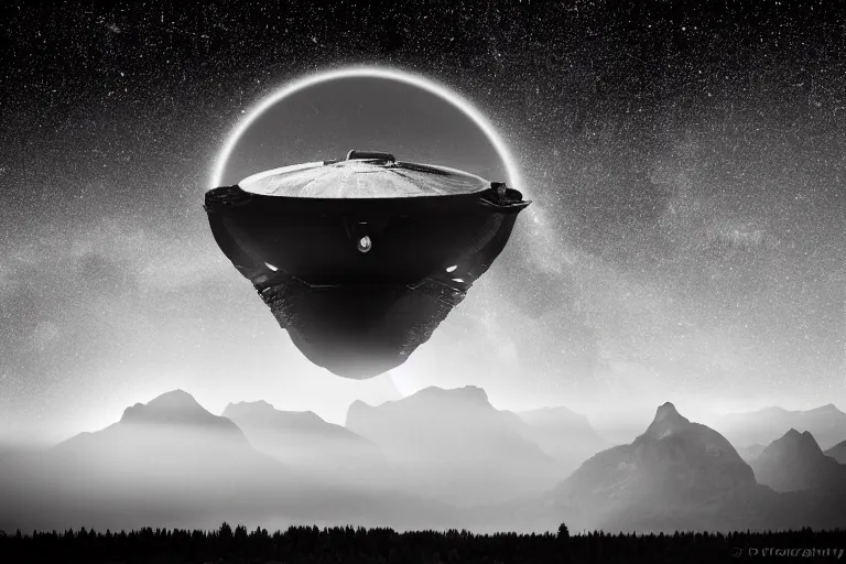 Image similar to alien space ship invading earth in the style of ansel adams, black and white, old, master photography