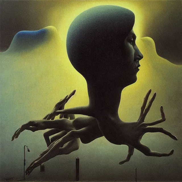 Image similar to Painting, Creative Design, album cover art, Human mind, surrealist, by Zdzisław Beksiński and storm thorgerson