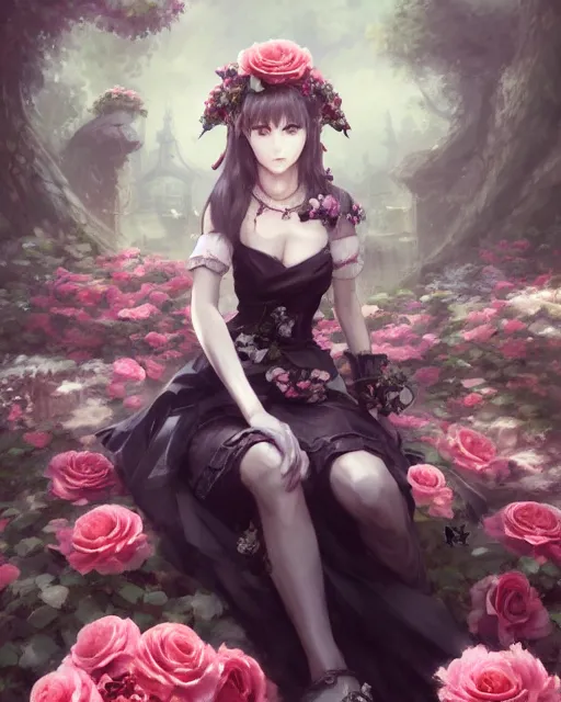 Image similar to an elegant lady sitting surrounded by skulls in a garden full of roses, final fantasy, cushart krenz, cushart krenz, very detailed, realistic face, detailed face, matte, tonemapping, perfection, 4 k,