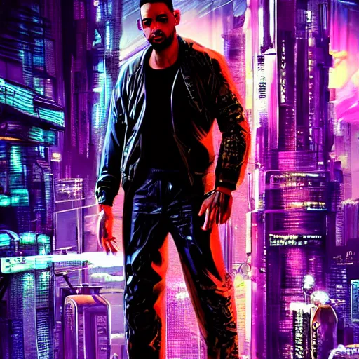 Image similar to cyberpunk will smith character art, epic background, epic composition, hdr, full body gauche painting, arcane art style