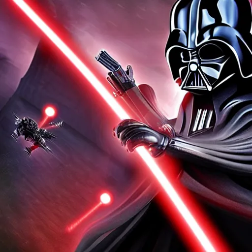 Prompt: Linus Torvalde fighting Darth Vader with a gun