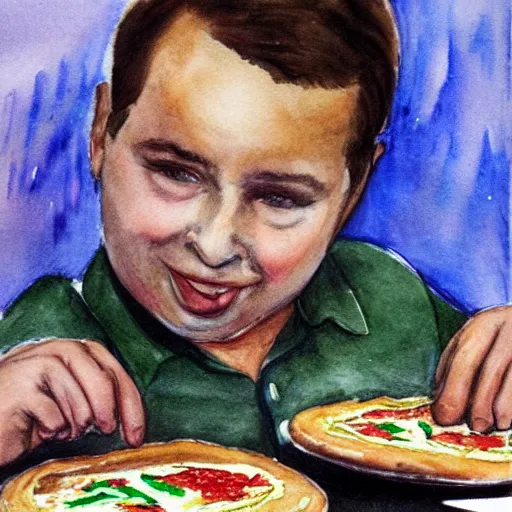 Prompt: Silvio Berlusconi childhood eating a slice of pizza drawing cranyons and watercolours