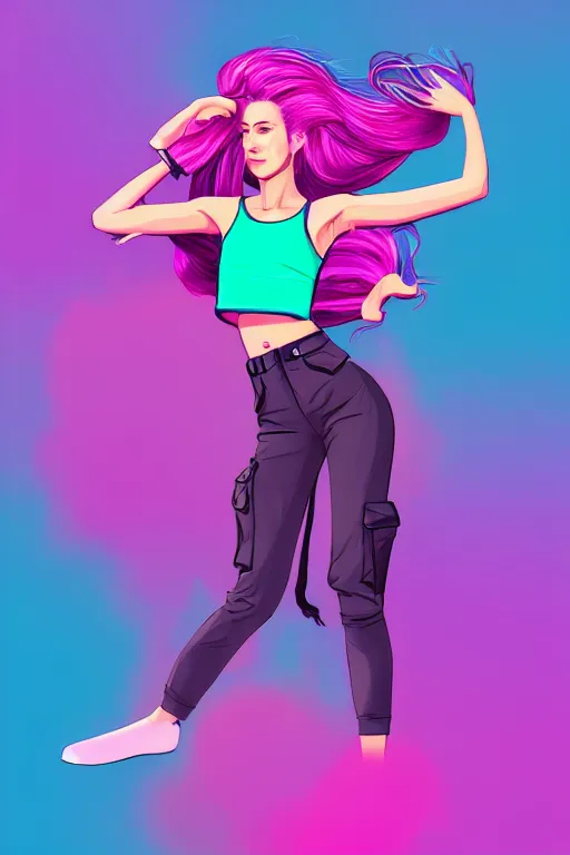 Image similar to a award winning half body porttrait of a beautiful woman in a croptop and cargo pants with ombre purple pink teal hairstyle with head in motion and hair flying, outrun, vaporware, shaded flat illustration, digital art, trending on artstation, highly detailed, fine detail, intricate