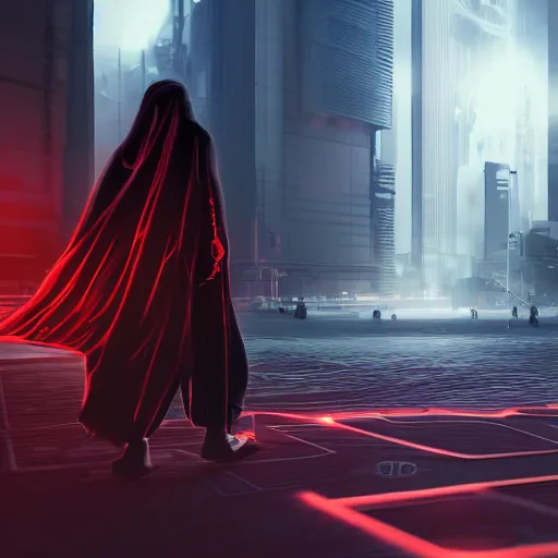 Prompt: photo of a grimm reaper walking in a futuristic city in a dystopian future made of electronic components and looks like a giant pcb board. Very detailed 8k. Unreal engine 5 render with nanite, global illumination and path tracing. Emphasize on the colors black and red.