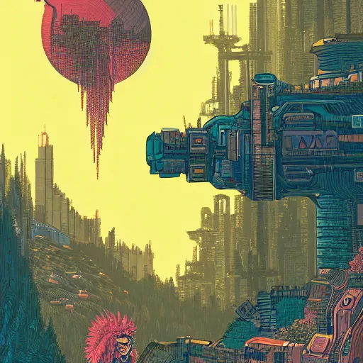 Image similar to Stunningly intricate illustration of single cyberpunk explorer overlooking lush forest, highly detailed, midnight, small glowing orbs by Josan Gonzalez and James Gilleard , Moebius, Laurie Greasley