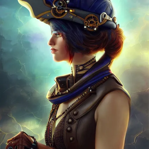 Image similar to beautiful futuristic young woman as a steampunk pirate captain, airship, thunderstorm, diffuse lighting, fantasy, intricate, highly detailed, lifelike, photorealistic, digital painting, artstation, illustration, concept art, smooth, sharp focus