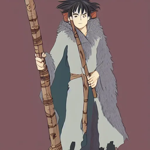 Image similar to A Half-orc Druid wearing a long grey fur robe, holding a wooden staff, anime style