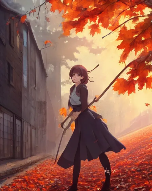 Prompt: a girl raking leaves on a cold autumn's day, full shot, atmospheric lighting, detailed face, by makoto shinkai, stanley artgerm lau, wlop, rossdraws