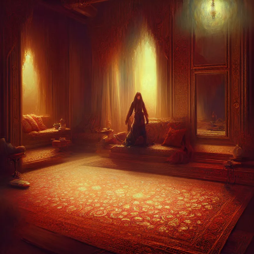 Prompt: magic fluffy Persian carpet & mirror dimension, by Greg Rutkowski and Gaston Bussiere, dim lighting, beautiful volumetric-lighting-style atmosphere, surreal atmosphere, intricate, detailed, photorealistic imagery, artstation