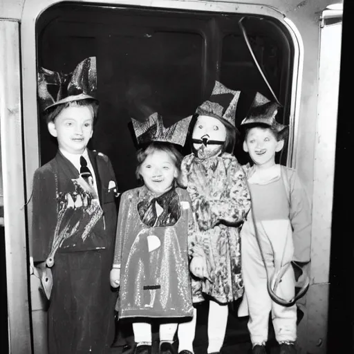 Prompt: kids on Halloween costumes on a train to another dimension, vintage photography, high quality, nostalgic