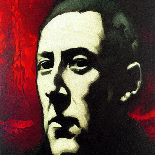 Prompt: portrait of hp lovecraft, hanafuda oil on canvas by ivan shishkin, james jean and yoji shinkawa