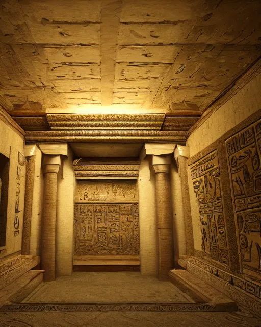 Image similar to an ornate and royal egyptian antechamber tomb, unreal engine, hyper realism, realistic shading, cinematic composition, blender render, octane render, hdr, detailed textures, photorealistic, ultrawide shot, 3 5 mm film