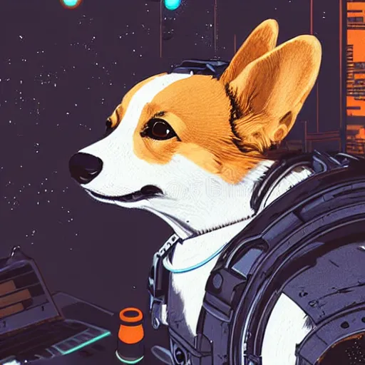 Image similar to a corgi android in space, cyberpunk, detailed digital illustration