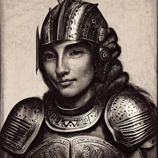 Prompt: head and shoulders portrait of a female knight, quechua, lorica segmentata, cuirass, tonalist, symbolist, realism, indigo and venetian red, chiaroscuro, baroque, engraving, detailed, raven, modeled lighting, vignetting, angular, smiling