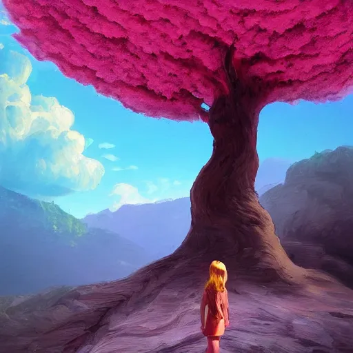 Image similar to giant cherry tree as a head, girl walking in a canyon, surreal photography, sunrise, dramatic light, impressionist painting, colorful clouds, digital painting, artstation, simon stalenhag