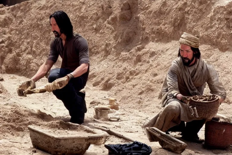 Image similar to film still of keanu reeves wearing an archaeological outfit sifting material at an ancient egyptian archaeological digsite