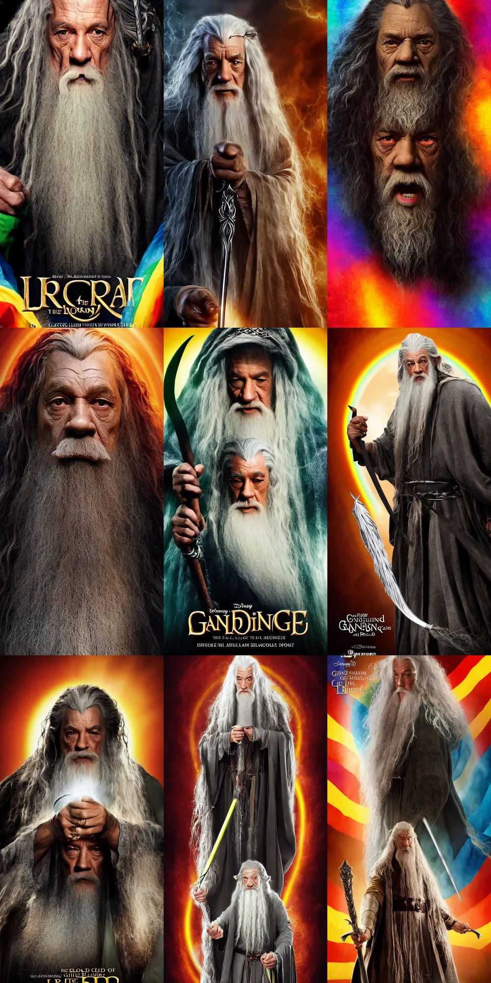 Prompt: Poster for new Amazon Lord of the Ring series called Gandalf the Black, featuring Gandalf as an african american woman with a rainbow flag, co-authored by Disney and Warner Brothers, cinematic 8k render