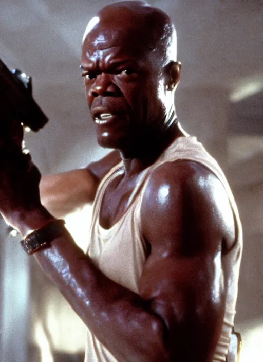 Image similar to film still of Samuel L Jackson as John McClane in Die Hard, 4k