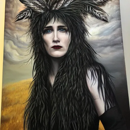 Image similar to detailed realistic oil painting youthful young jennifer connelly with black feathers instead of hair, dark fae, black lips, feathers growing out of skin, feathers growing from arms, black hands with long black claws, pale and sickly, profile view, gothic