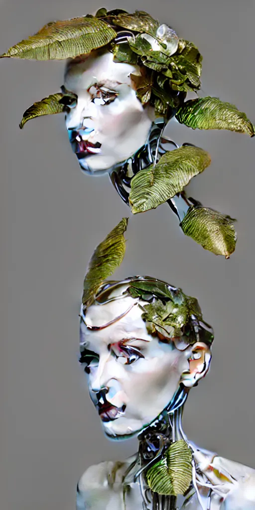 Prompt: complex 3d render ultra detailed of a beautiful porcelain profile woman face, mechanical vegetal cyborg, robotic parts, 150 mm, beautiful studio soft light, 3 point lighting, spot light, rim light, silver gold red details, luxurious, high tech gadget, cyberpunk, magnolia big filigran leaves and stems, roots, Alexander Mcqueen haute couture, fine foliage lace, mesh wire, filigran metallic intricate details, hyperrealistic, mandelbrot fractal, anatomical, silver metal armor, facial muscles, cable electric wires, microchip, elegant, white background, beautiful white teeth, octane render, H.R. Giger style, 8k