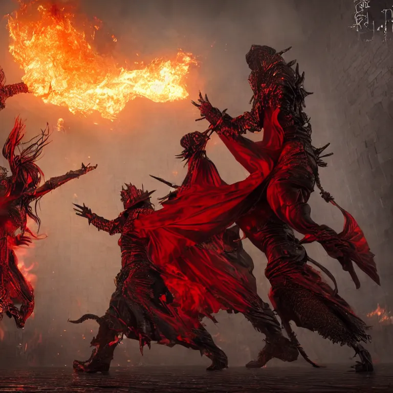 Prompt: black man and a female devil in red dress are dancing together in fire, Dark Souls 3 themed, in style of Ruan Jia, insanely detailed and intricate, golden ratio, elegant, ornate, luxury, elite, matte painting, cinematic, cgsociety, James jean, Brian froud, ross tran, Laputa