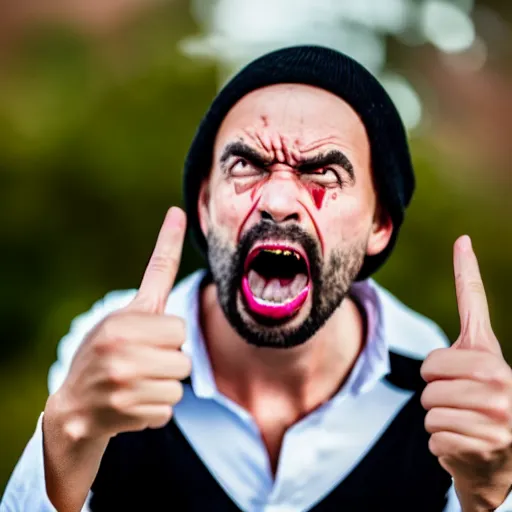 Image similar to a man with an evil expression giving a middle finger