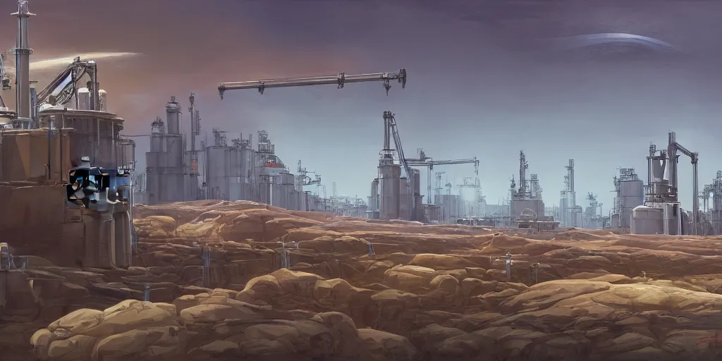 Prompt: oil field landscape with robots working in style of ralph mcquarrie, concept art, highly detailed