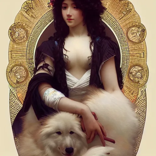 Image similar to samoyed dog, intricate, art by artgerm and greg rutkowski and alphonse mucha and william - adolphe bouguereau, high detailed, 4 k,