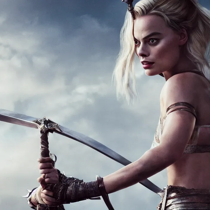 Image similar to margot robbie, broadsword in her hands, sword. very coherent symmetrical artwork. cinematic, high detail, octane render, 8 k