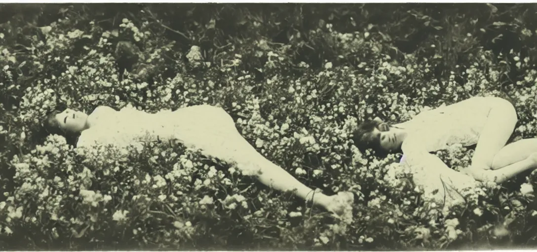Image similar to beautiful woman on the ground covered in flowers, Forest, ray gods, 1910 top-down polaroid photography