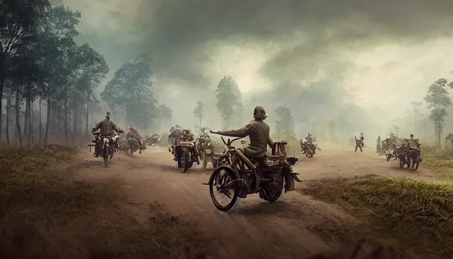 Image similar to a british officer driving a motorcycle at high speed in 1921 in kerala forest road, local people chasing to attack, furious action scene, chase, an epic fantasy, dramatic lighting, cinematic, establishing shot, extremely high detail, photorealistic, cinematic lighting, artstation, by simon stalenhag, horizon forbidden west