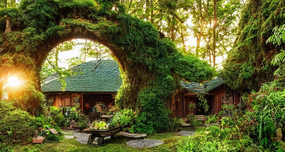 Image similar to a cozy mancave with an overgrown entrance, studio Ghibli style, golden hour