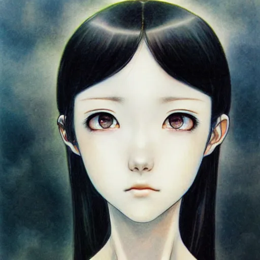 Image similar to a portrait of a character, black hair, blue eyes, by Miho Hirano