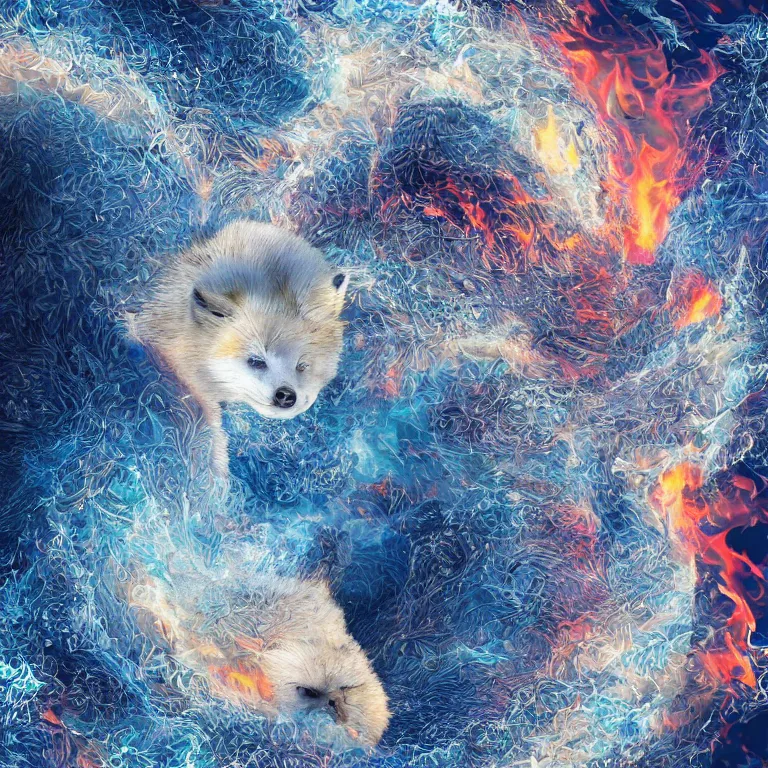 Image similar to surrealistic arctic fox surrounded by fire and ice and destruction in the center of world photorealistic hyperrealistic symmetrical detailed fractal