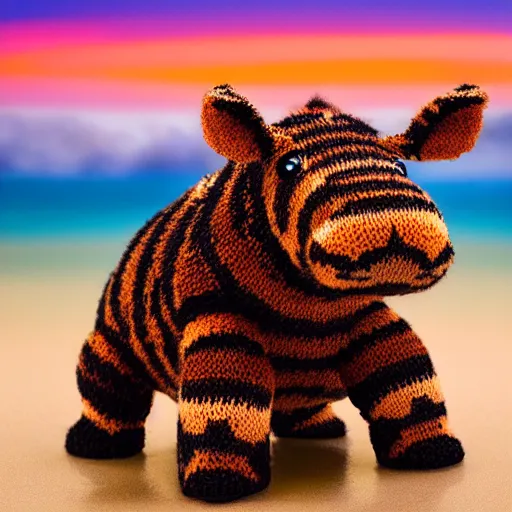 Image similar to a closeup photorealistic photograph of a cute smiling knitted tiger hippopotamus catching a beachball at sunset. surf in the background. professional capture. this 4 k hd image is trending on artstation, featured on behance, well - rendered, extra crisp, features intricate detail, epic composition and the style of unreal engine.